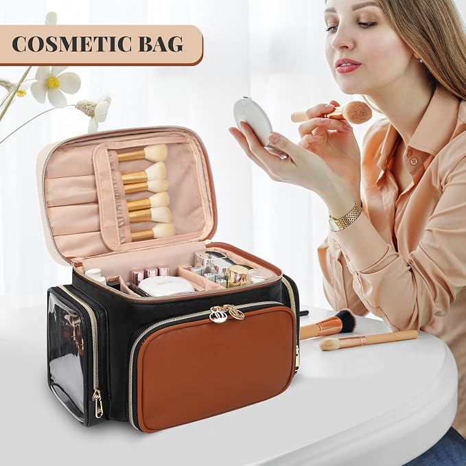 Bagmoly Large Makeup Bag, Portable Travel Makeup Bag Organizer for Women Girls with Makeup Brush Compartment & Two Side Pockets, Cosmetic Travel Bag Vertical Storage Toiletry Bag- Brown - Image 7