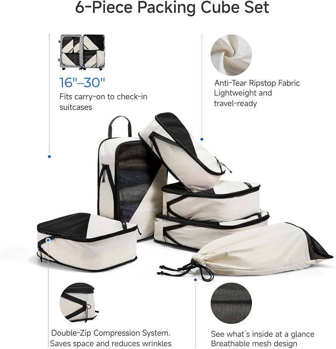 LUGGEX Compression Packing Cubes for Travel, 6 Set Lightweight Luggage Organizer Bags with Shoe Bag, Space Saving Suitcase Packing Cubes for Carry-On with Breathable Mesh, Double-Zipper (POX01, Beige) - Image 6