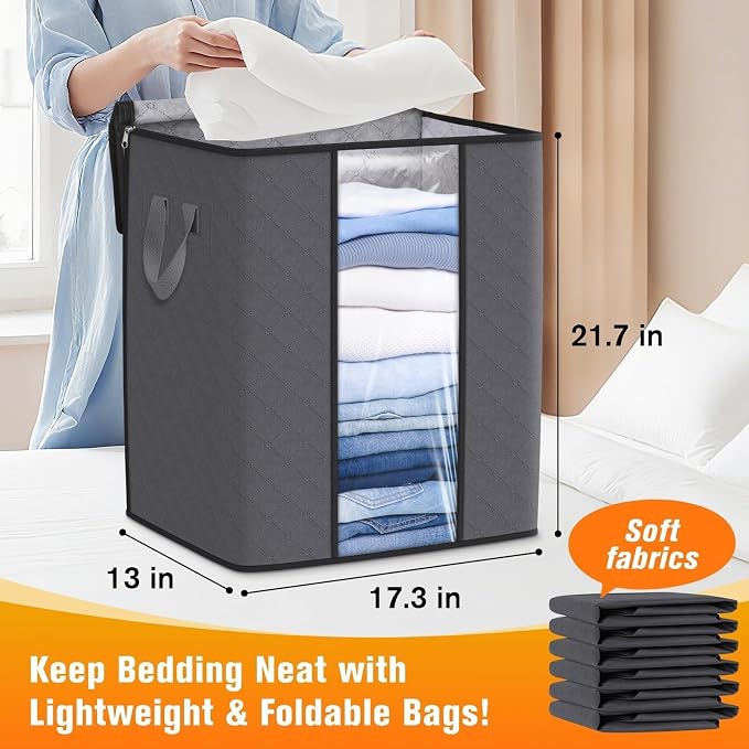 SpaceTrove Clothes Storage Bags, 10-Pack Comforter Blanket Organizers, 80L Large Capacity Containers with Visual Window for Clothing, Quilt, Sheet, Pillow, Closet Organization for Bedding (Grey) - Image 2