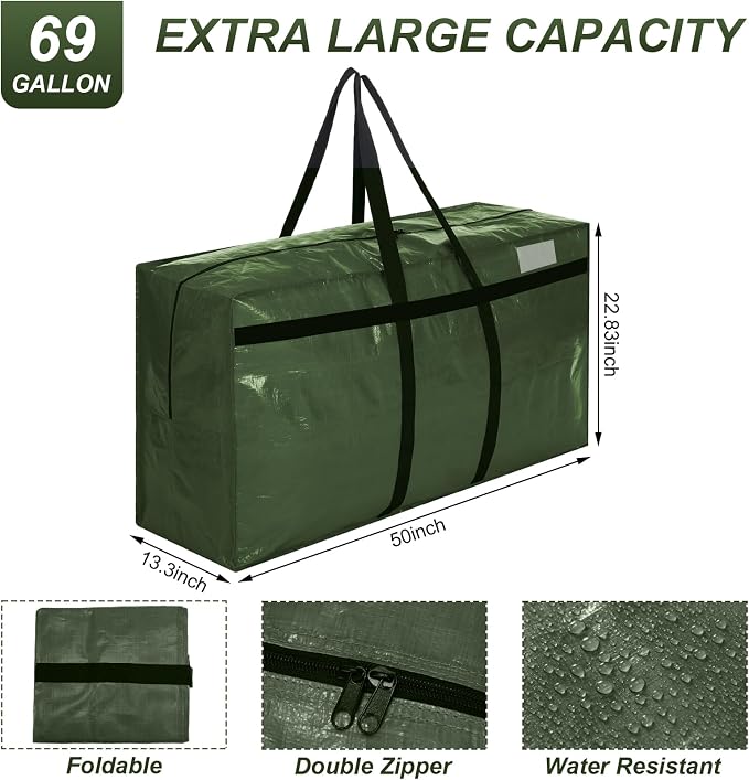 Windyun 6 Pack 69 Gallon Extra Large Moving Bags XXL Heavy Duty Storage Bag with Strong Zipper Handle Jumbo Big Tote Box Foldable for College Dorm Travel Clothes Duffle Blanket Pillow(Army Green) - Image 2
