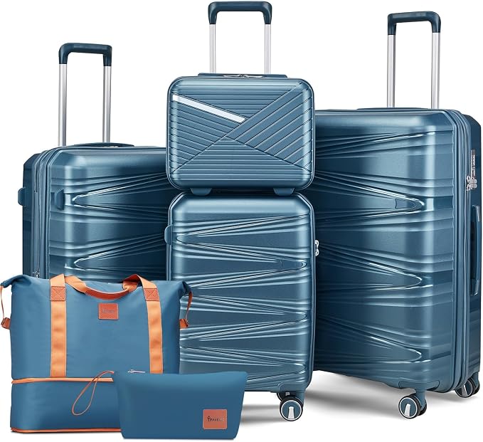 TRAVELEO 6 Piece Luggage Set Hardshell, Expandable Suitcase Set with Spinner Wheels (20/24/28), Includes 14" Cosmetic Case, Travel Duffel & Toiletry Bag, Lightweight TSA Lock Nested Set (Peacock Blue) by Unknown