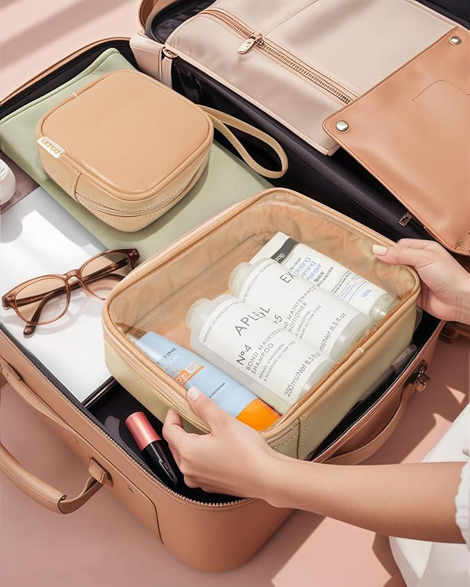 LETGO Travel Toiletry Bag for Women with Small Make Up Bag for Purse,Large Clear Toiletry Bag Lightweight Wide-open Travel Bag for Women, Cosmetic Makeup Bag Organizer(Handle-Sand, Large+Mini) - Image 4