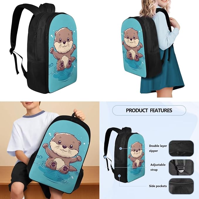 School Backpack for Girls 10-12 with Water Bottle Carrier Insulated Lunch Box Pencil Case for Kids, Kids School Bag Bookbag for Preschool Kindergarten Elementary, Cute Otter Print - Image 3