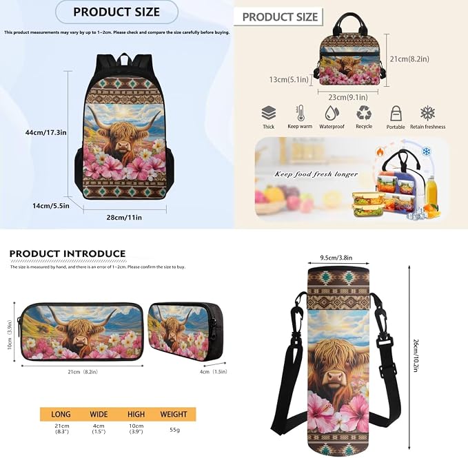 4 in 1 School Backpack for Teens of Thermal Lunch Box Pencil Box Water Bottle Holder, Cattle Floral Lightweight School Book Bag, Kids Teens Daypack Everyday Pack for School and Daycare - Image 7