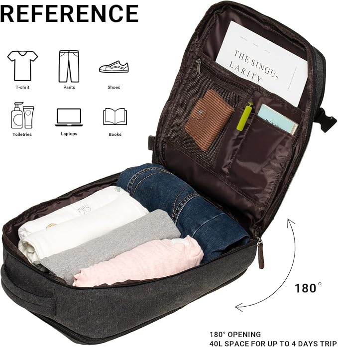 KAUKKO Canvas Travel Backpack, Personal Item Airline Approved, Carry On Backpack with Multi-Pockets and Shoe Pouch, fit 15.6 inch Laptop, 40L Weekender Bag, 11-BLACK - Image 4