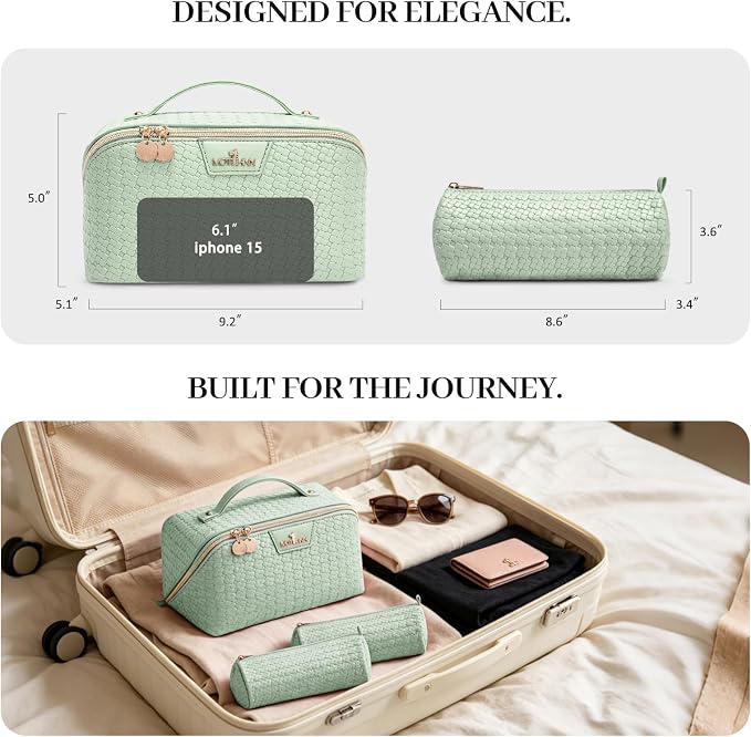 Travel Makeup Bag for Women: Designer 3 Pcs Set Cosmetic Bags for Women - Large Capacity Vagen Leather Hand-made for Toiletry Organizer - Ladies Travel Flat Open Essentials for Luxury (08Green) - Image 7