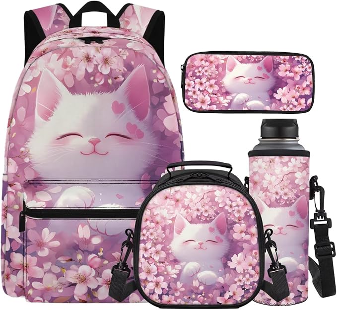Cat Backpack for School Girls Cute Pink Backpack and Lunch Box for Girls School Bag Set 4-in-1, Lightweight 17" Kids Bookbag Ages 8-10 10-12 Teens Daypack Purse by Unknown