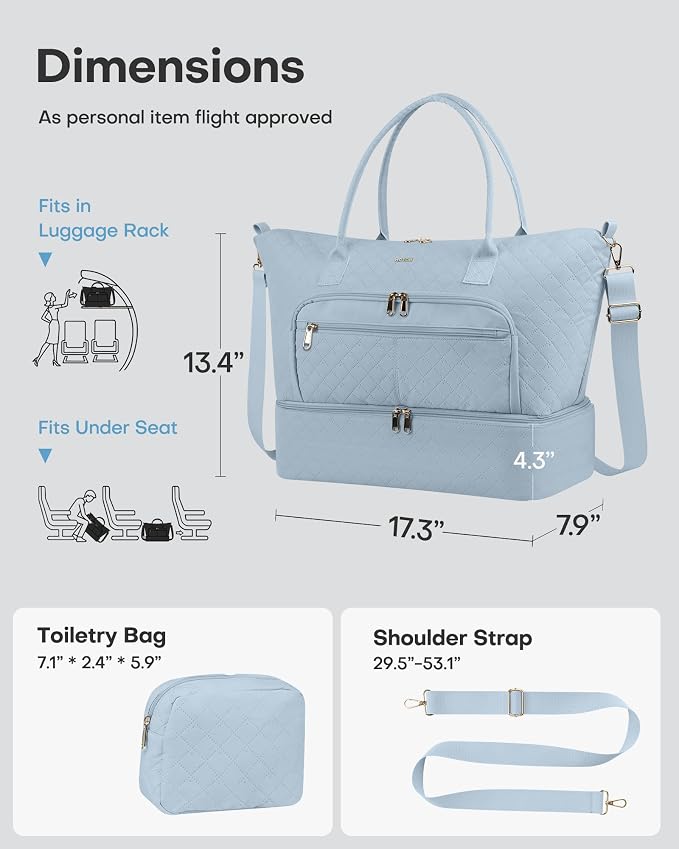 HOTOR Travel Duffle Bag for Women - Carry on Bag with Toiletry Pouch & Shoe Compartment, Large Overnight Weekender Bags for Gym, Business Trips, Sports and Hospital, Blue, 17.3" x 7.9" x 13.4" - Image 2