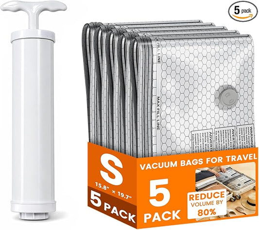 5 Pack Vacuum Bags for Travel with Hand Pump, Reusable Vacuum Storage Bags for Clothing, Travel & Home Organization for Closet, Luggage, Under Bed Storage by Unknown