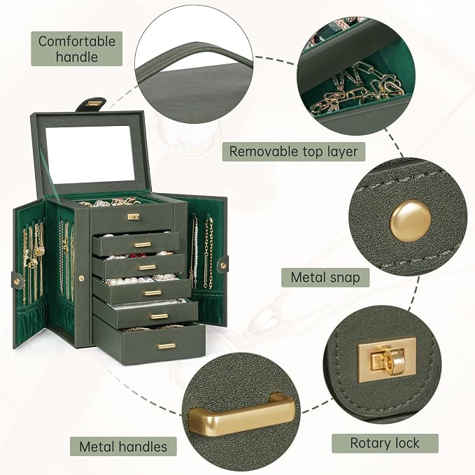 AKOZLIN 6-Tier Jewelry Box Organizer Functional 5 Drawers Leather Jewelry Storage Case for Women Girls Ring Necklace Earring Bracelet Holder Organizer with Mirror DrakGreen Regular - Image 3