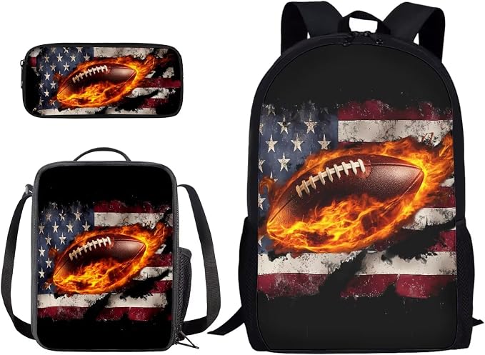 Retro American Flag Football Fire Print Children's Knapsack Set with Reusable Shoulder Lunch Bag, Boys Girls School or Travel Large Backpack Set 4th of July School Students Daypack by PCSJRKG
