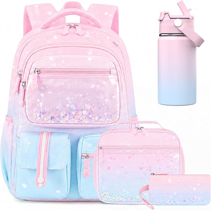 ACESAK Kids School Backpack for Girls, Mermaids Bookbag Backpack with 14OZ Water Bottle, Lunch Bag Set for GirlsTeens Middle Student, Girls Backpacks for School (Pink Blue) by ACESAK