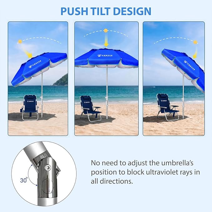 AMMSUN 6ft Folded Portable Travel Beach Umbrella with Sand Anchor Tilt Air vent UPF 50+UV Protection Fit In Suitcase Compact Foldable Telescopic umbrellas for Patio Garden Beach Pool Blue - Image 3