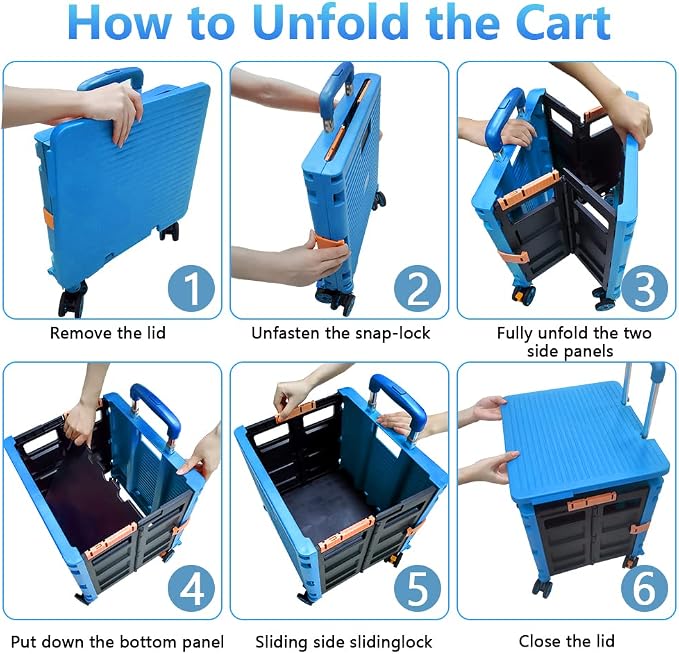 FELICON SELORSS Foldable Utility Cart Portable Rolling Crate-Light Blue | Durable,Heavy Duty,Plastic Box,Telescoping Handle,4 Rotate Wheels,Collapsible Handcart for Travel Shop Move Luggage Office - Image 4