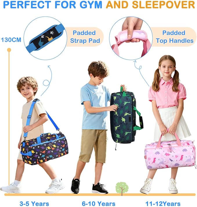 Kids Duffle Bag,VASCHY Travel Bag for Boys Water Resistant Overnight Duffle Gym Sport Dance Bags with Shoes Compartment Dry and Wet Pocket Carry On Weekender Bag Blue Dinosaur - Image 7