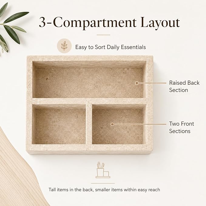 Travertine 3-Compartment Desk Organizer, Beige | Natural travertine with 3 compartments for pens, makeup brushes, skincare bottles, office supplies and vanity items - Image 4