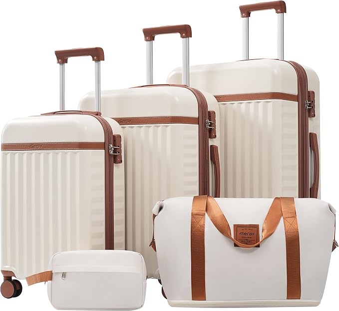 Merax 3 Piece Luggage Sets, Hardside Lightweight Carry on Suitcase | Durable Expandable Luggage with Travel Bags Spinner Wheels and TSA Lock,White and Brown by Merax