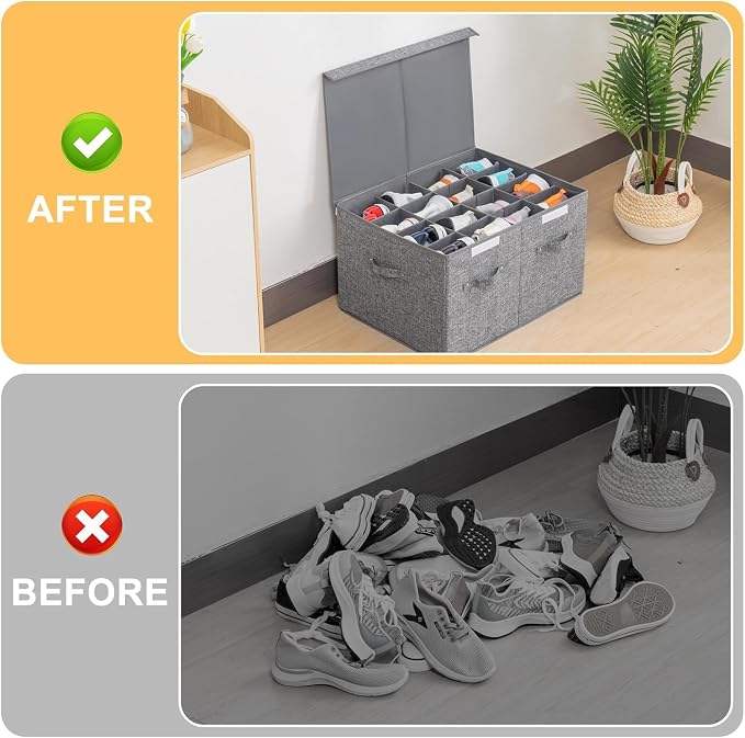 Shoe Organizer for Closet Fits 16 Pairs, Large Shoe Storage Box Bins Containers with Lid and Adjustable Dividers for Shoes, Sneakers and High Heeled, Hard Shell and Stackable (Grey) - Image 6