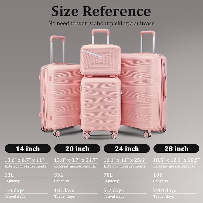 TRAVELEO 4 Piece Luggage Set PP Hardshell, Expandable Suitcase Set (20/24/28) with 14" Cosmetic Case, Lightweight Spinner Wheels with TSA Lock, Detachable Wheels for Nesting Storage (Pink) - Image 2