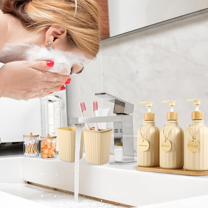 Bathroom Set 17PCS Beige Bathroom Accessories Set Bathroom Sets with Trash Can 3PCS Lotion Soap Dispenser, Toothbrush Holder,6PCS Wood Tags Bathroom Accessories for Kitchen Bathroom - Image 5