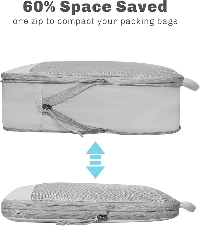 Hynes Eagle 6 Set/ 4 Set/ 2 Set Compression Packing Cubes Travel Essentials Lightweight Nylon Luggage Suitcase Organizer Bag Light Grey 2PCS - Image 5