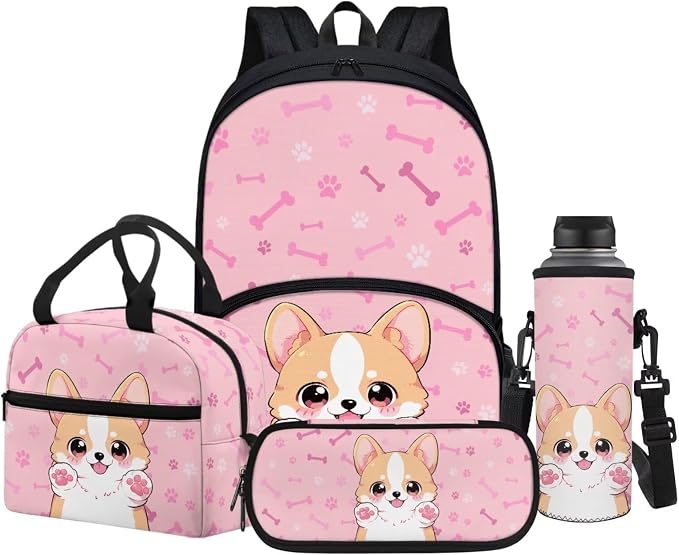 POLERO Pink Corgi Backpack for Corgi Dog Lovers 4Pcs Bookbag with Lunch Box Pencil Case Water Bottle Cover School Bag Set for Girls 4-6 for Preschool First Grade - Image 6