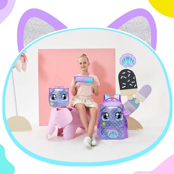 Backpacks for Girls School Bag Cute Girls Backpacks Ages 8-10 with Lunch Box Kids Bookbag Set Travel Backpack for Preschool Kindergarten Elementary Students Backpack to School Supplies - Image 5