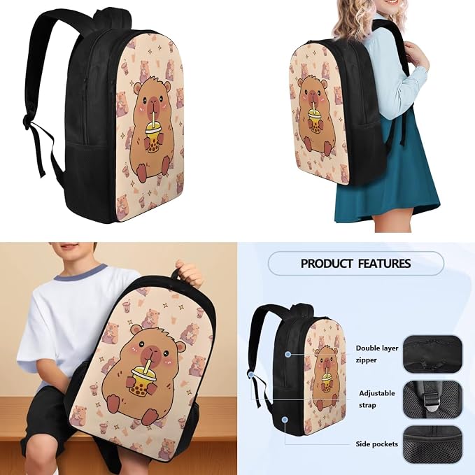 Capybara Milk Tea Backpack for School, Girls School Bags with Water Bottle Carrier Lunch Boxes Pencil Cases for Kids Student Bag Daypack Set 4 in 1 - Image 3