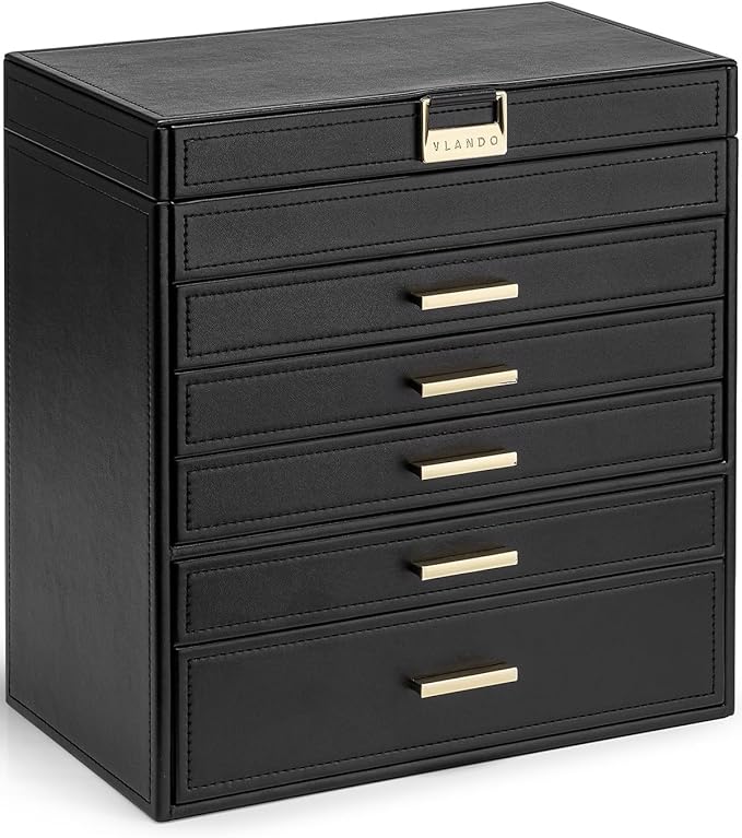 VLANDO 6 Layer Large Jewelry Box - Jewelry Holder Organizer, Jewelry Box Organizer for Drawer Necklace Ring Bracelet and Watch, Birthday Gift for Loved Ones - Black by VLANDO