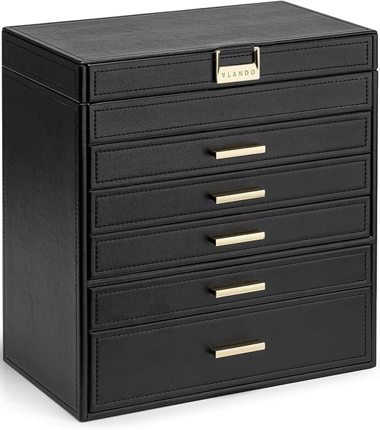VLANDO 6 Layer Large Jewelry Box - Jewelry Holder Organizer, Jewelry Box Organizer for Drawer Necklace Ring Bracelet and Watch, Birthday Gift for Loved Ones - Black by VLANDO