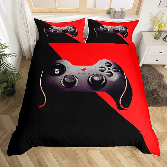 Games Duvet Cover Boys Kids Gamepad Bedding Set Video Game Controller Room Decor Comforter Cover for Teen Girls Player Modern Gamer Console Bedding,1 Duvet Cover with 2 Pillow Cases,Queen,Black Red by Erosebridal