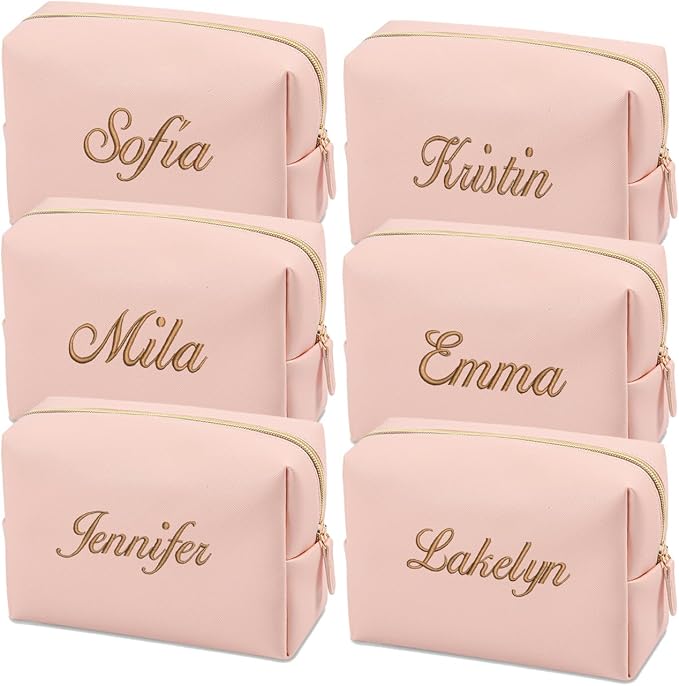 GOPHIE Embroidered Large Make up Bag,Personalized Skincare Bag,Cosmetic Travel Bags for Women Gift For Wedding,Set of 6, Pink by GOPHIE
