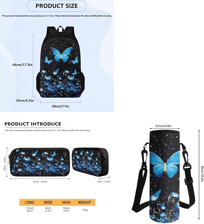 Kids Blue Butterfly School Backpack for Girls Bookbags with Lunch Bag Pencil Pouch & Water Bottle Organizer Set of 4, Hiking Bookbag Lightweight Book Bags Rucksack for Travel - Image 7