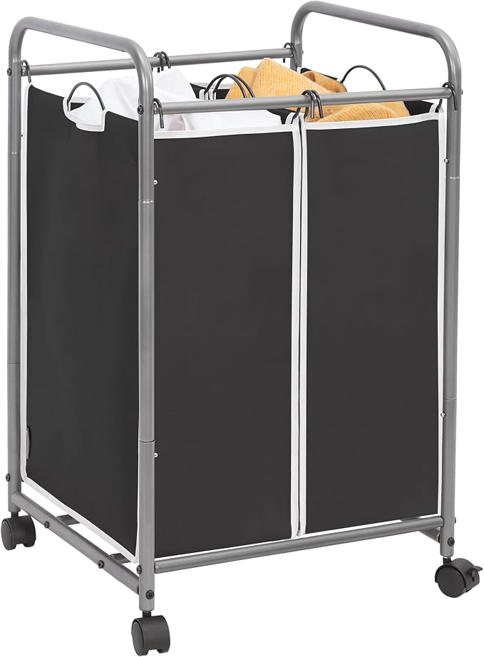 STORAGE MANIAC Laundry Sorter 2 Section, 90L (23.7Gal) Laundry Hamper with Wheels, Clothes Basket Separator Sorter, 2 Bag Cart and Removable Bags for Closet, Dorm, Collage, Black by STORAGEMANIAC