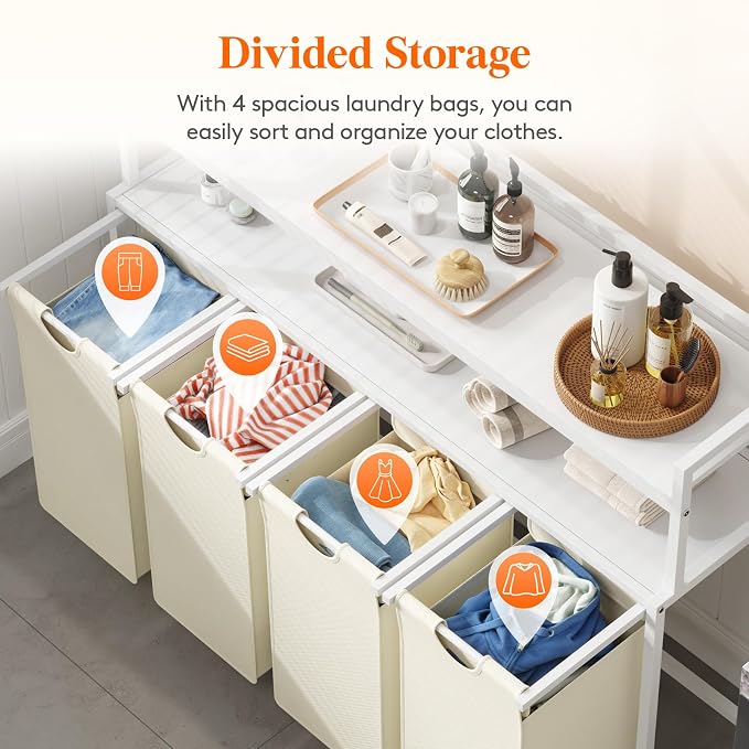 Lifewit Laundry Hamper 4 Section, 168L Pull out Laundry Clothes Basket Organizer with Large Top Shelf and 4 Removable Bags and Handles for Laundry Room Bedroom Bathroom, White with Shelves and Wheels - Image 2