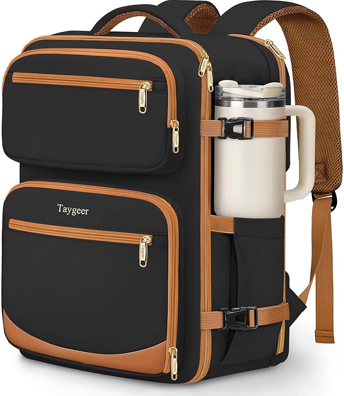 Taygeer Frontier Airlines Personal Item Bag 18x14x8, Carry on Backpack 40L | Underseat Travel Backpack for Women & Men with Makeup Compartment & Wet Bag, Fits Spirit Frontier Allegiant, Black Brown by Taygeer