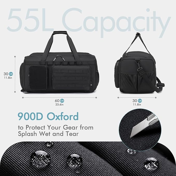 Tactical Gym Bag for Men 55L Sports Duffel Bags 3 in 1 Travel Duffel Bag with Shoe Compartment Waterproof Workout Backpack Carry On Bag for Overnight Weekender Travel Black - Image 2