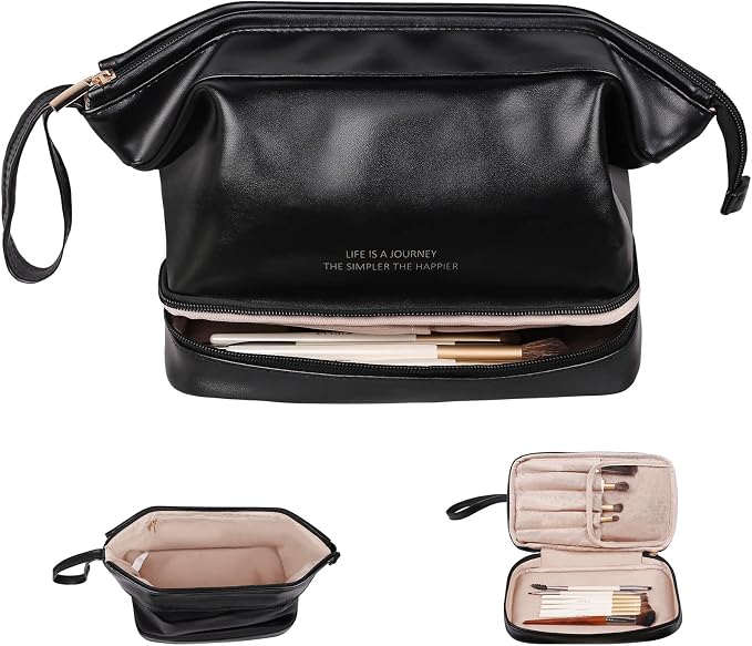 Abiudeng Large Capacity Makeup Bag Ladies Cosmetic Bag Travel Bag with Compartments Portable PU Leather Travel Makeup Bag with Handle by Abiudeng