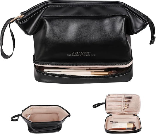 Abiudeng Large Capacity Makeup Bag Ladies Cosmetic Bag Travel Bag with Compartments Portable PU Leather Travel Makeup Bag with Handle by Abiudeng