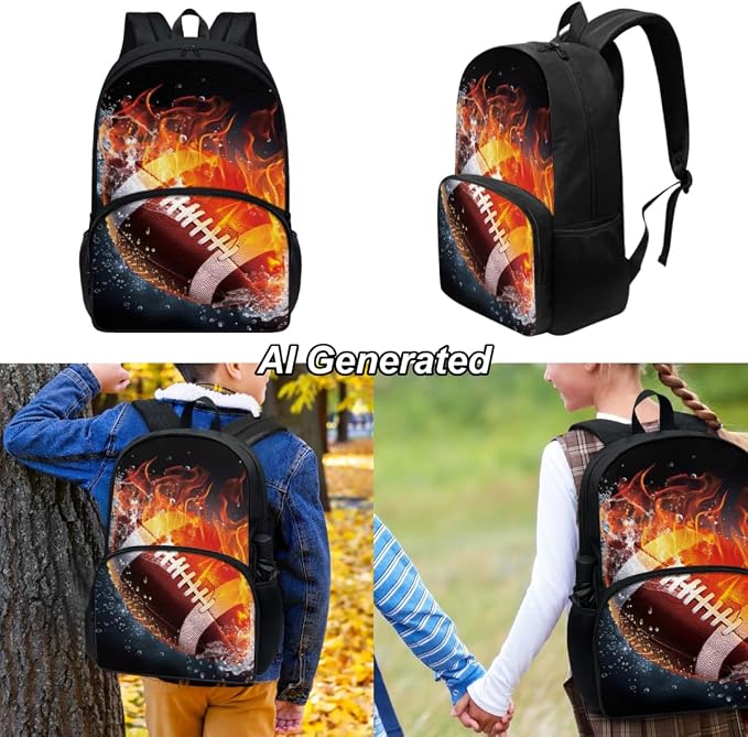 Football Bookbag for Boys Teenage Boys Girls Schoolbag Backpack Set with Lunch Box and Pencil Pouch 17 Inch Laptop Bag Casual Daypack, 3Pcs - Image 2