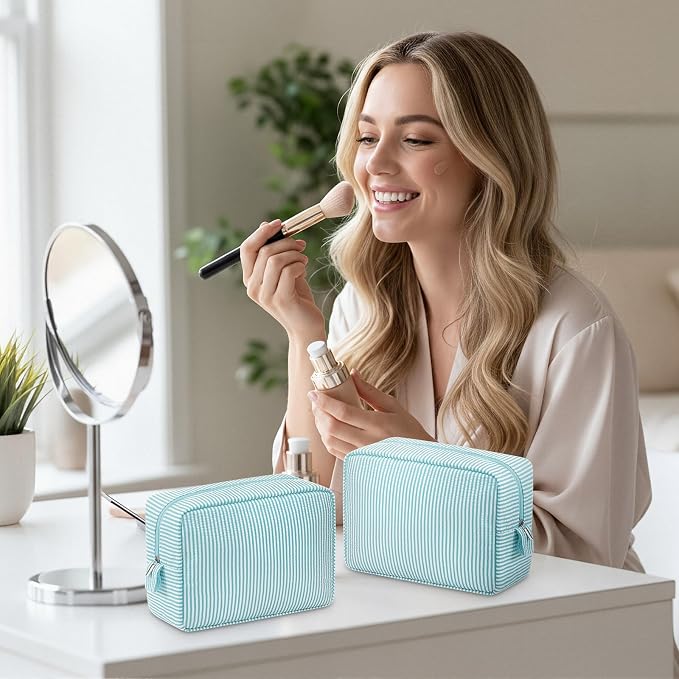 Sanwuta 6 Seersucker Cosmetic Bag Bulk Striped Makeup Bag for Women Aesthetic Cute Travel Toiletry Organizer Preppy Storage Pouch for Wedding Bridesmaid Mother's Day Teacher Gift (Large,Mint Blue) - Image 5