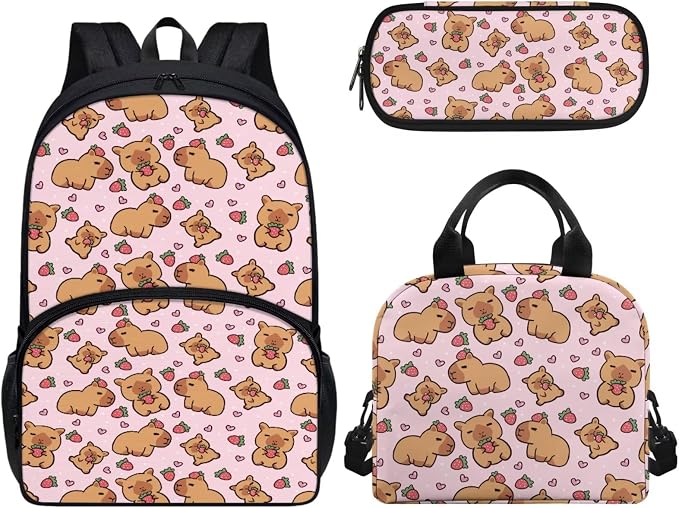 Capybara Print Kids Backpack Set, Lightweight School Backpack for Kids Elementary Bookbag for Students with Adjustable Strap, 3pcs with Lunch Box And Pencil Case by CndexdWearfunPrintjoy
