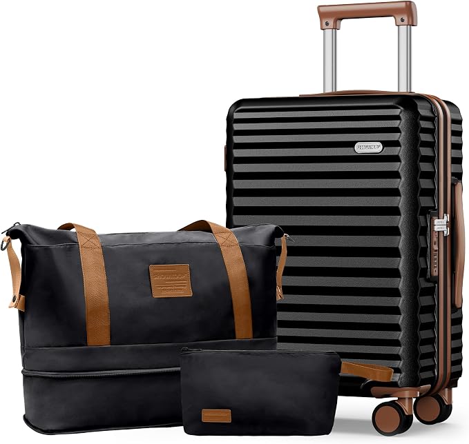 SHOWKOO Carry On Luggage Hardshell Lightweight Luggage Set, Suitcase with Double Spinner Wheels Tsa Lock White 3 piece set Black (DB/TB/20in) by SHOWKOO