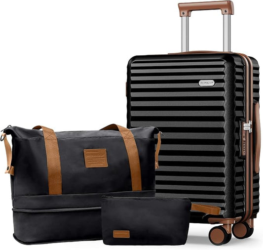 SHOWKOO Carry On Luggage Hardshell Lightweight Luggage Set, Suitcase with Double Spinner Wheels Tsa Lock White 3 piece set Black (DB/TB/20in) by SHOWKOO