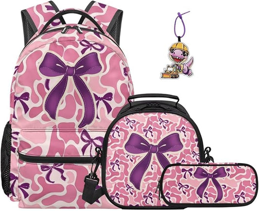 Trendy Camo Girls Backpack Set with Pink Bow, 4-Piece Camouflage School Bag and Lunch Box for Active Kids Ages 5-12, Lightweight Hunting Style by Dremagia