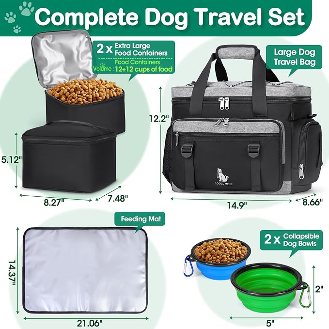 IGOLUMON Dog Travel Bag Large Pet Travel Bags Set for Supplies Weekend Travel Kit Tote Organizer Multi-Pockets Food Travel Bag with 2 Extra Large Food Containers, 2 Dog Bowls, 1 Feeding Mat - Image 3