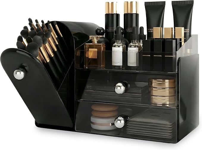 lurcns Makeup Organizer with Dustproof Brush Holder for Vanity, Large Cosmetics Organizer and Bathroom Countertop Skincare Storage with 2 Clear Drawers for Lipstick, Perfume, Eyeshadow Palettes,Black by lurcns