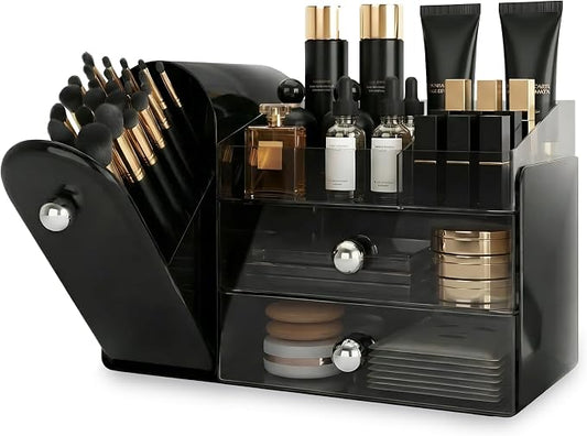 lurcns Makeup Organizer with Dustproof Brush Holder for Vanity, Large Cosmetics Organizer and Bathroom Countertop Skincare Storage with 2 Clear Drawers for Lipstick, Perfume, Eyeshadow Palettes,Black by lurcns