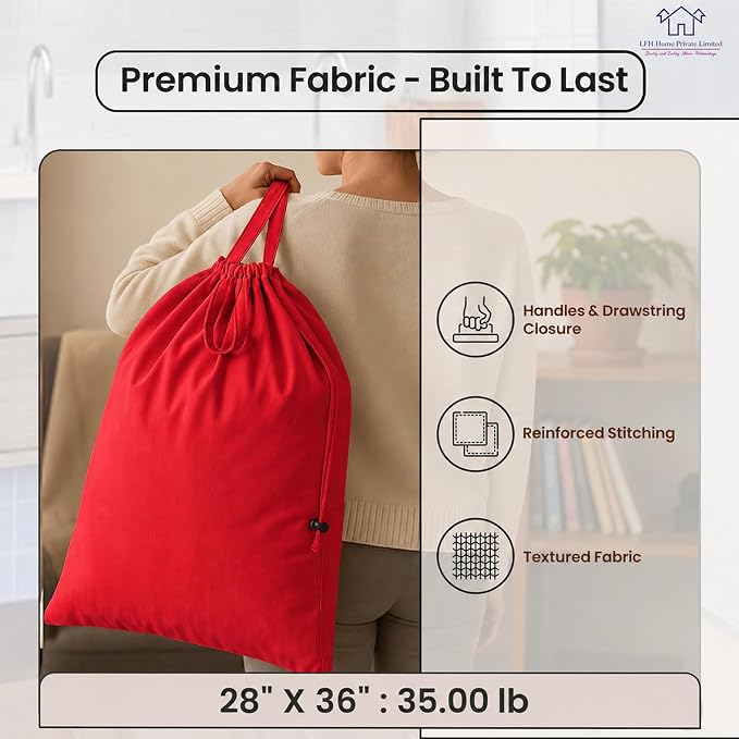 LFH Home Cotton Rich Large Premium Canvas Laundry Bag, Heavy Duty Washable Laundry Hamper with Drawstring & Handles, Multi-Use Clothes Storage for Home, Travel & College, 28"x36" (Pack of 2) - Red - Image 3