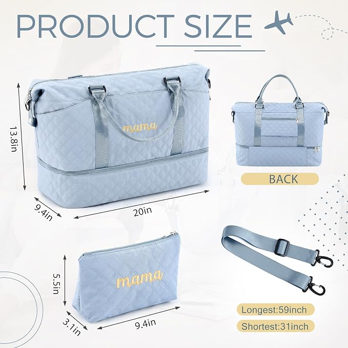 Dansydaisy Mama Hospital Bag for Women Labor Delivery Travel Duffle Bag with Shoe Compartment and Toiletry Pouch Waterproof Letter Embroidered for Pregnancy Weekender Overnight Gym Gift, Blue - Image 3